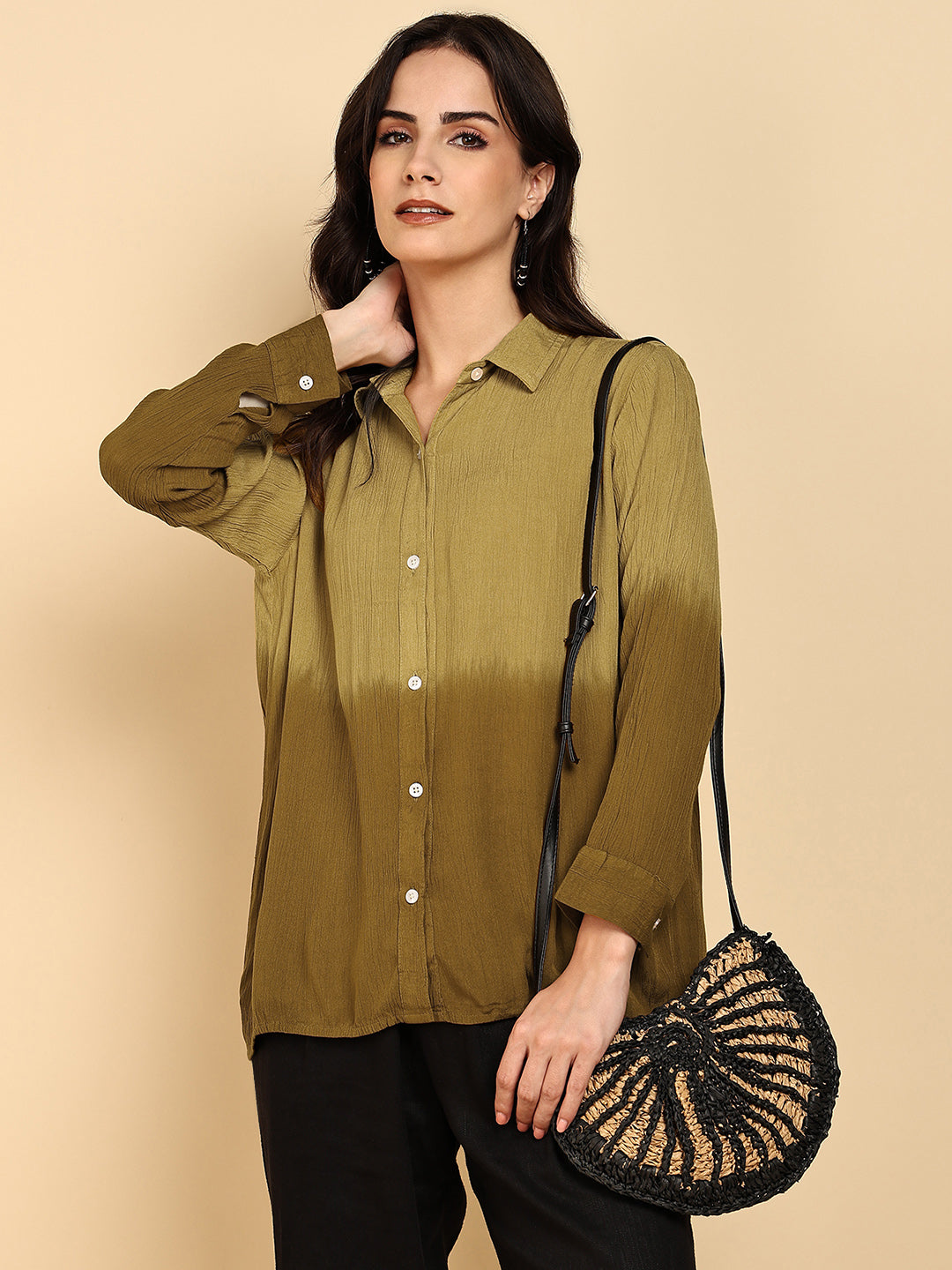 Women Casual Rayon Crepe Tie & Dye Spread Collar Full Sleeves Relaxed Fit Shirt (W1711)