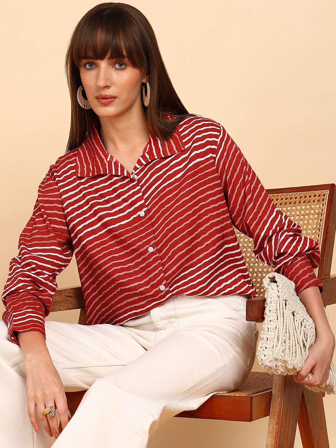 Women Rayon Slub Leheriya Print Spread Collar Regular Fit Shirt (W1760)