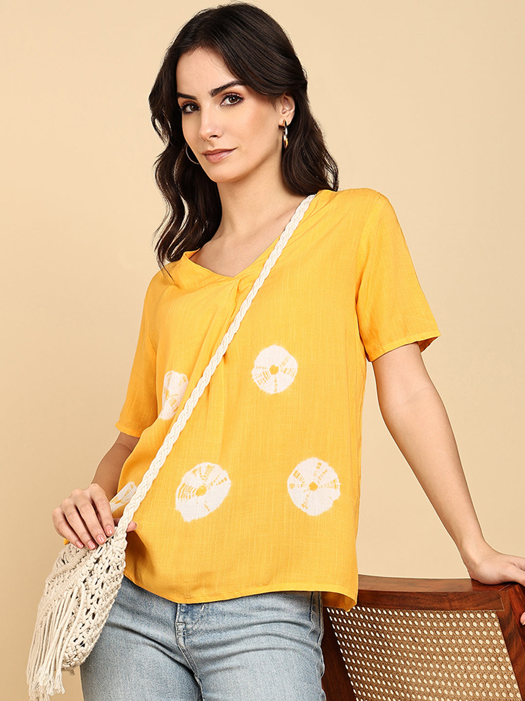 Women Casual Rayon Slub Tie & Dye V-Neck Short Sleeves Regular Fit Top (W1687)