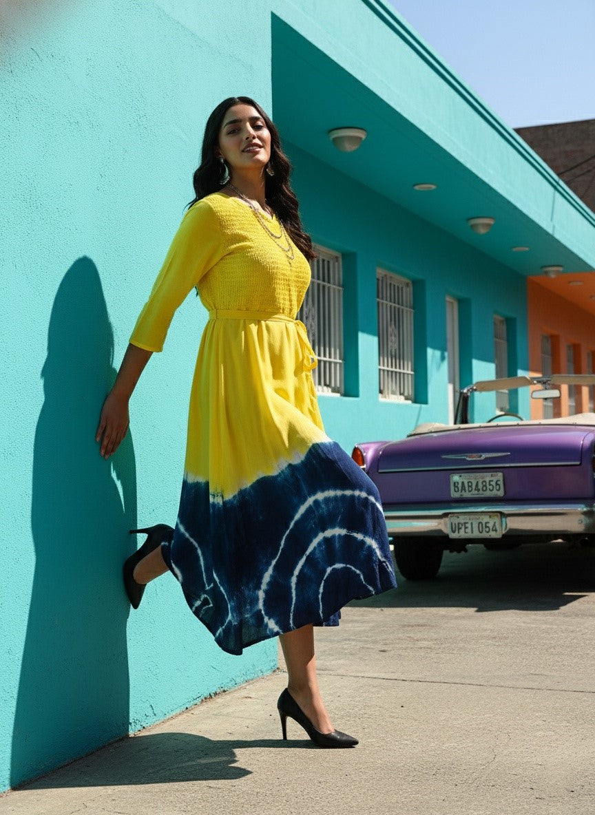 Rayon Tie Dye A-Line Navy Blue Midi Dress With Tie-Up Belt (W1242)