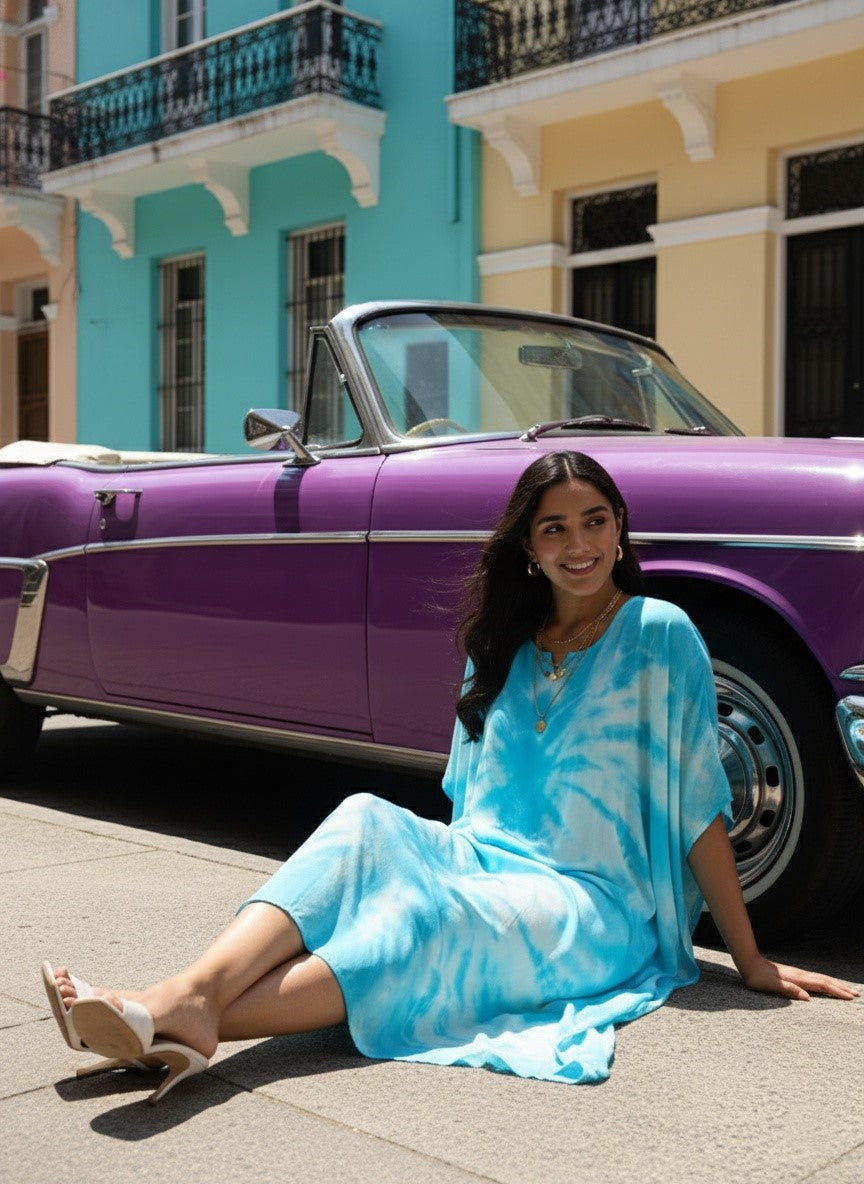 Rayon Crepe Hand Dyed Tie Dye Blue Kaftan Dress (W1188)