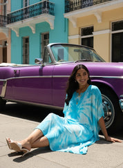 Rayon Crepe Hand Dyed Tie Dye Blue Kaftan Dress (W1188)