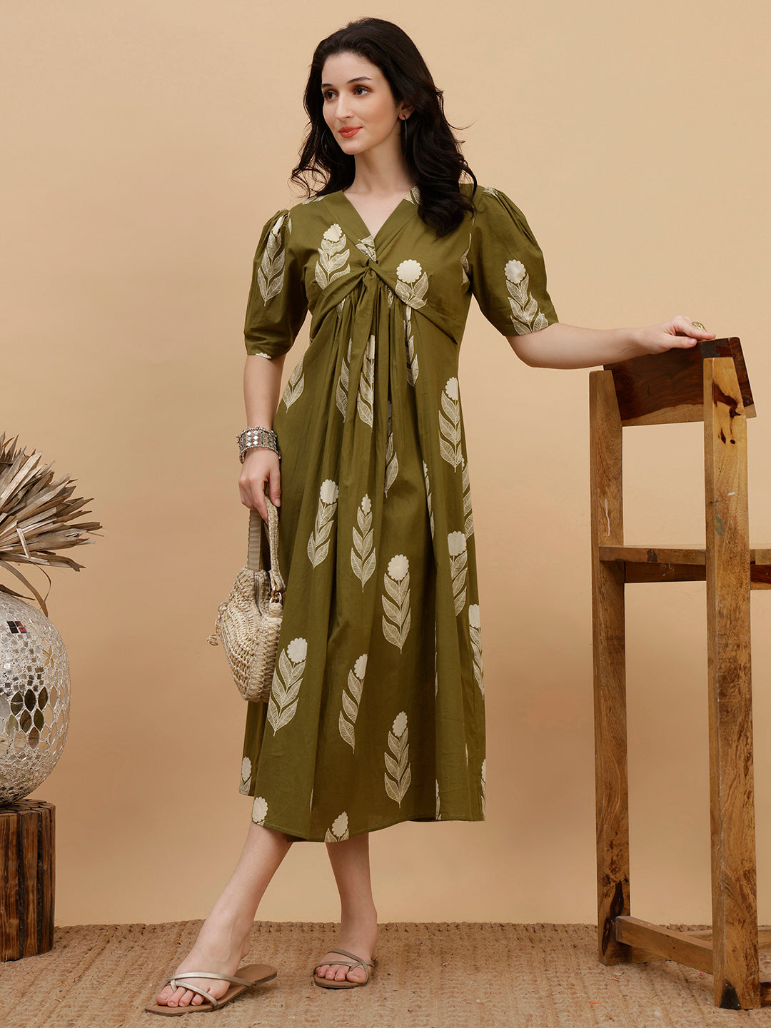Women Olive Green Printed Camric A-Line Dress (W1813)