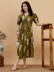 Women Olive Green Printed Camric A-Line Dress (W1813)