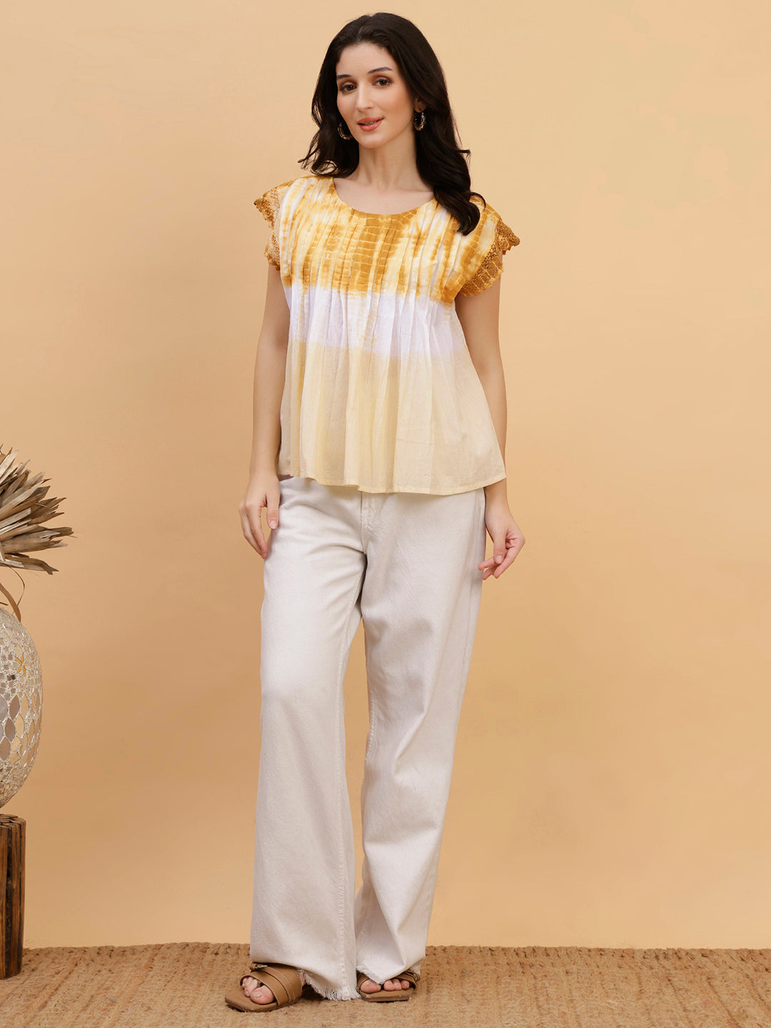 Women Brown-White Tie & Dye Camric Casual Top (W1804)