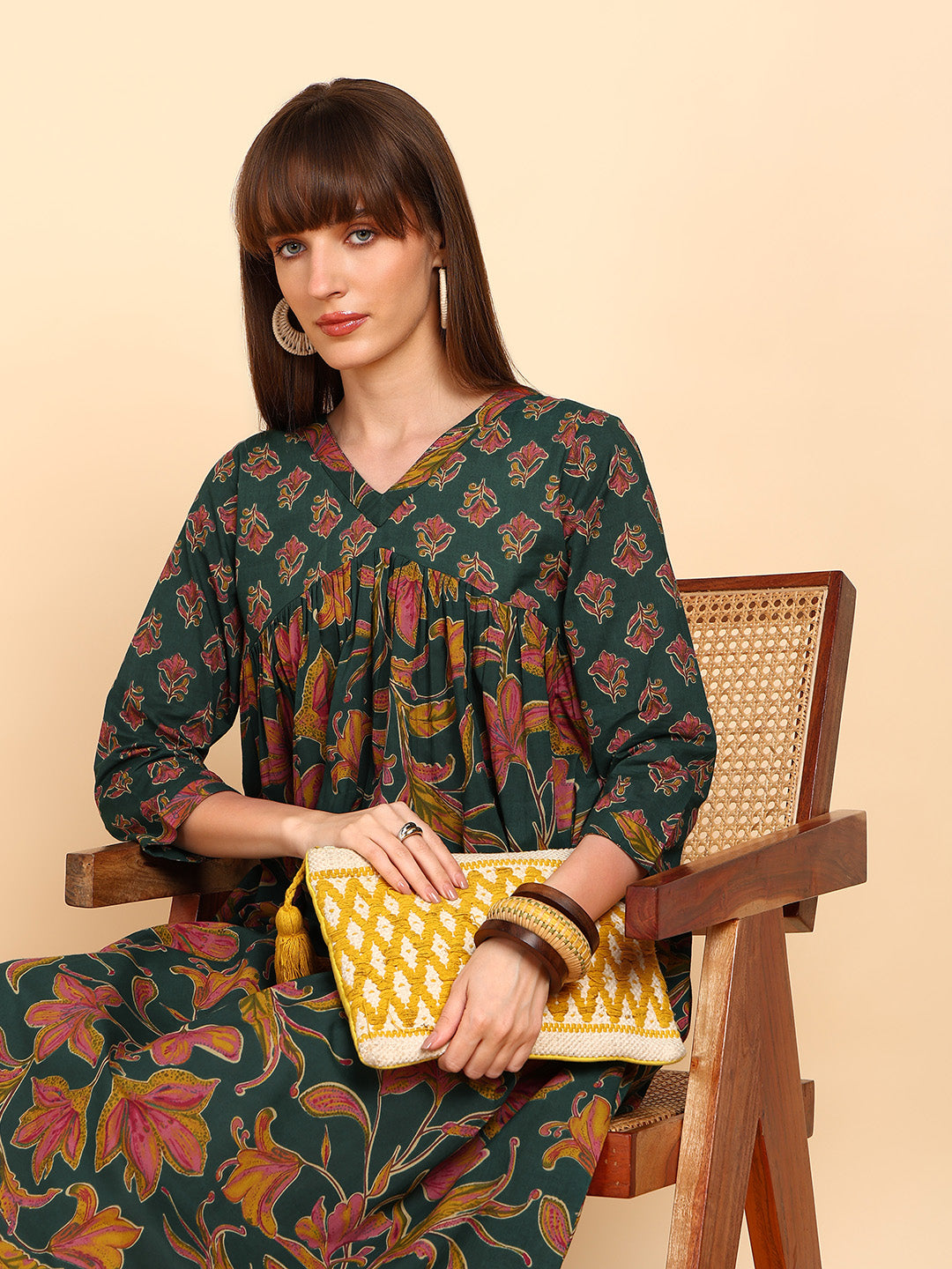 Women Cotton Floral Printed Flared/A-Line Dress (W1778)