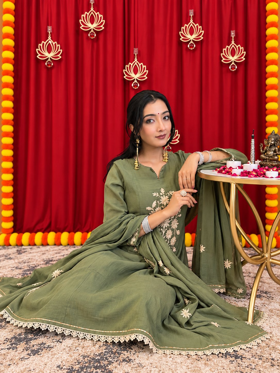 Maaesa Luxe Green Mulchanderi Festive Kurta Set | Kurta Bottom Dupatta (W10009)