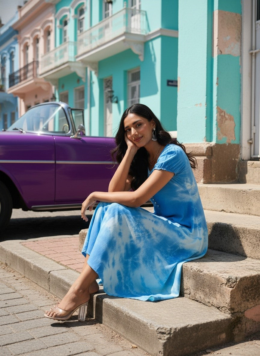 Rayon Tie and Dye Sky Blue A-Line Midi Dress (W1282)