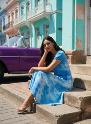 Rayon Tie and Dye Sky Blue A-Line Midi Dress (W1282)