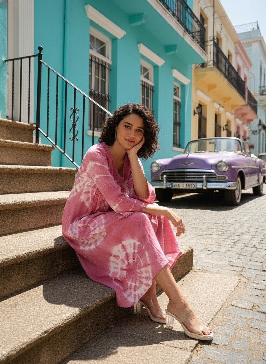 Women Handmade Floral Print Rayon Flared Pink Dress (W1597)