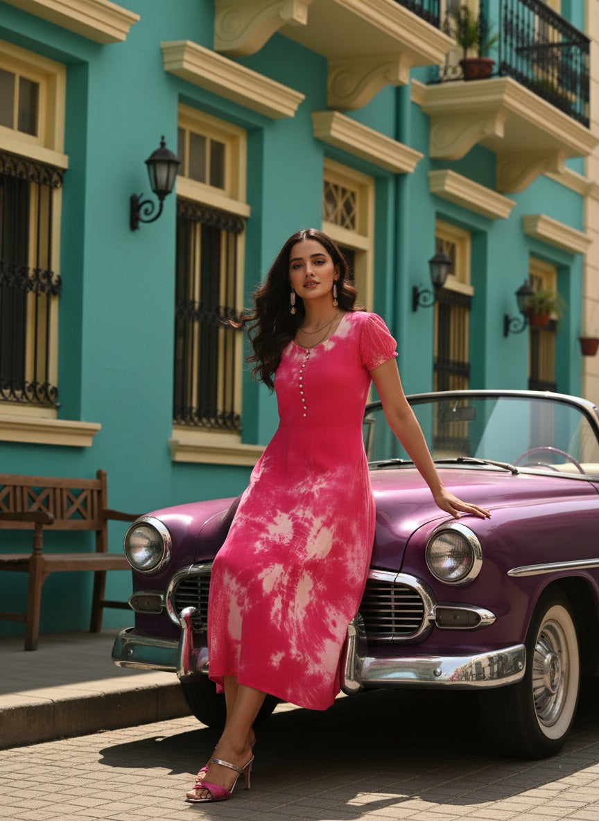Rayon Fuchsia Tie Dye Flared Dress (W1281)