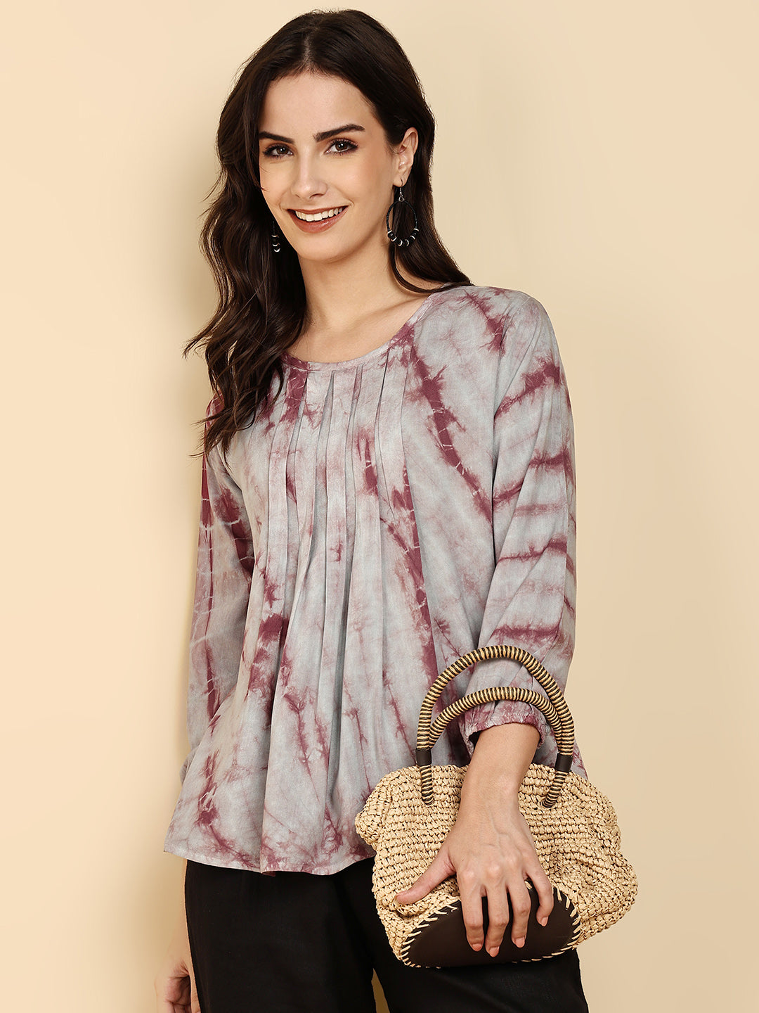 Women Casual Rayon Staple Tie & Dye Round Neck 3/4 Sleeves Regular Fit Top (W1716)