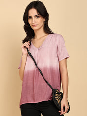 Women Casual Rayon Slub Tie & Dye V-Neck Short Sleeves Regular Fit Top (W1684)