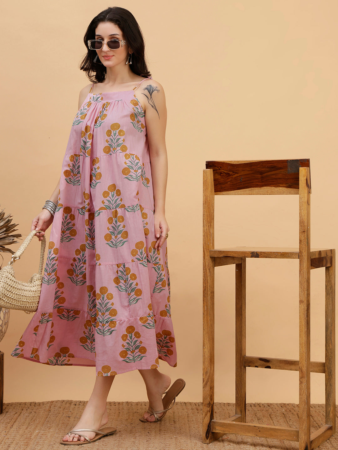 Women Pink Floral Printed Camric A-Line Dress (W1815)