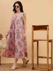 Women Pink Floral Printed Camric A-Line Dress (W1815)