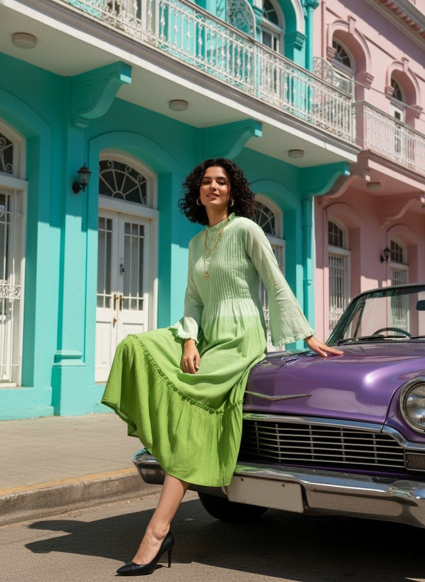 Women Handmade Self Design Cotton Blend Flared Light Green Dress (W1607)