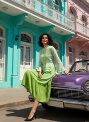 Women Handmade Self Design Cotton Blend Flared Light Green Dress (W1607)