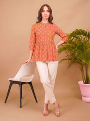 Women Orange Cotton Printed Casual Mandarin Collar A-Line Top (W1344)