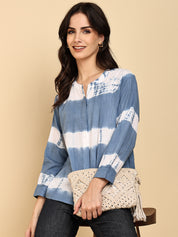 Women Casual Cotton Slub Tie & Dye Mandarin Full Sleeves Regular Fit Shirt (W1718)