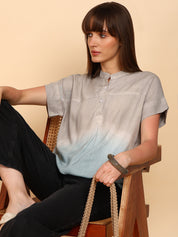 Women Rayon Slub Tie & Dye Mandarin Collar Regular Fit Top (W1770)