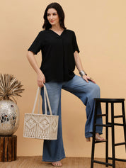 Women Black Solid Rayon Casual Top (W1787)
