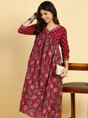 Women Floral Printed Cotton Flared/A-Line Dress (W1669)