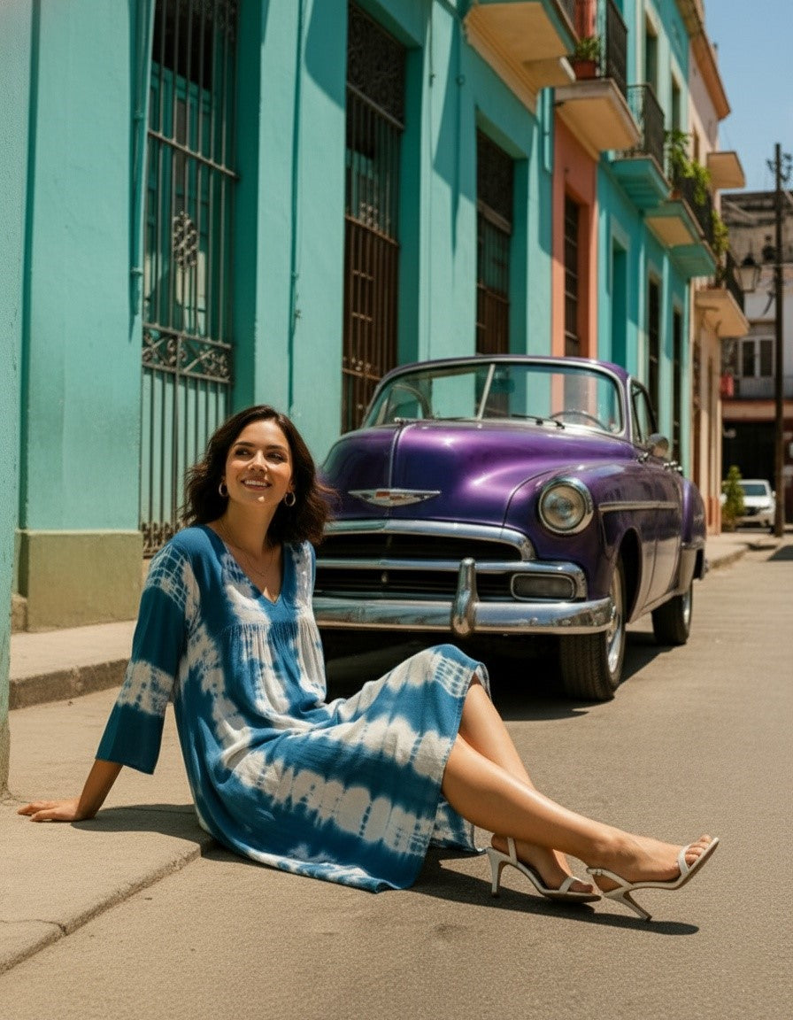 Women Handmade Dyed Rayon Flared Blue Dress (W1599)