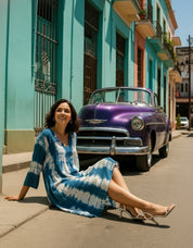 Women Handmade Dyed Rayon Flared Blue Dress (W1599)