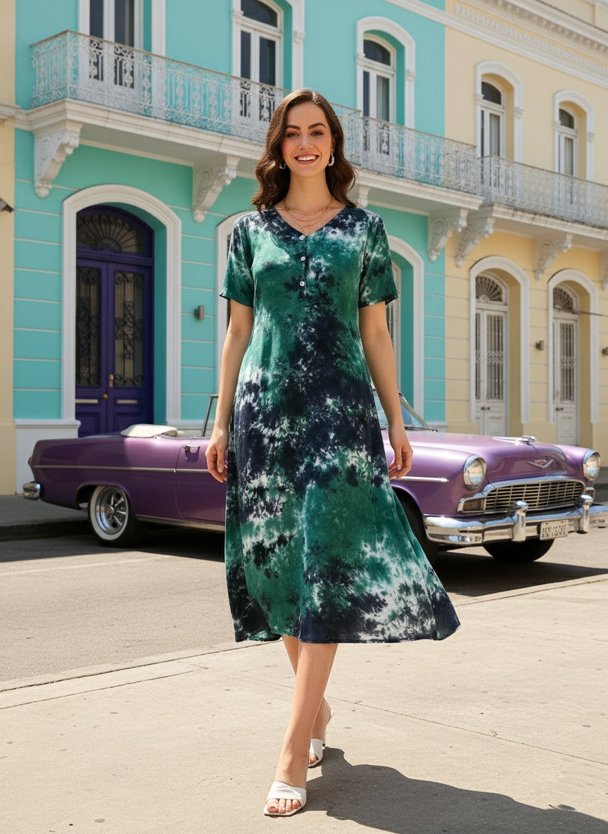 Rayon Tie Dye Sea Green A-Line Midi Dress (W1257)