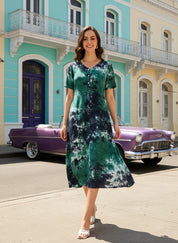 Rayon Tie Dye Sea Green A-Line Midi Dress (W1257)
