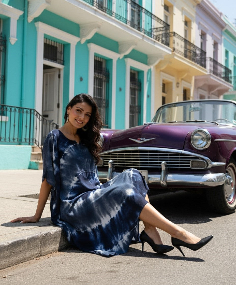 Rayon Hand Dyed Tie Dye Dark Blue Kaftan Dress (W1187)