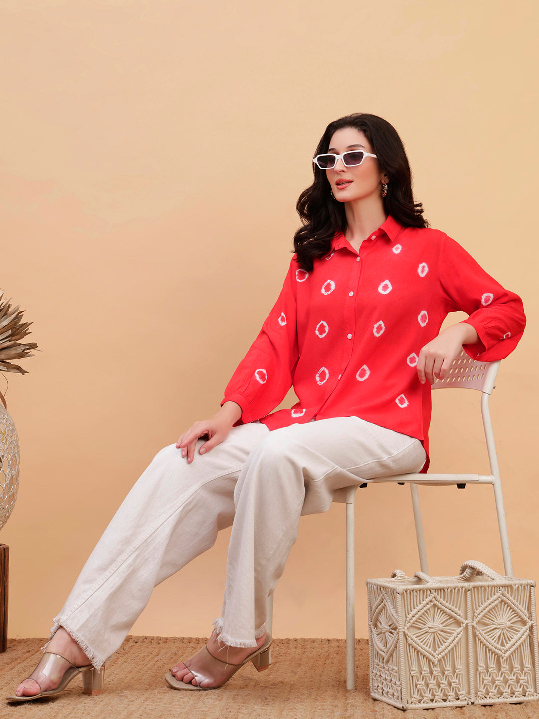 Women Red Tie-Dye Casual Rayon Regular Fit Shirt (W1795)