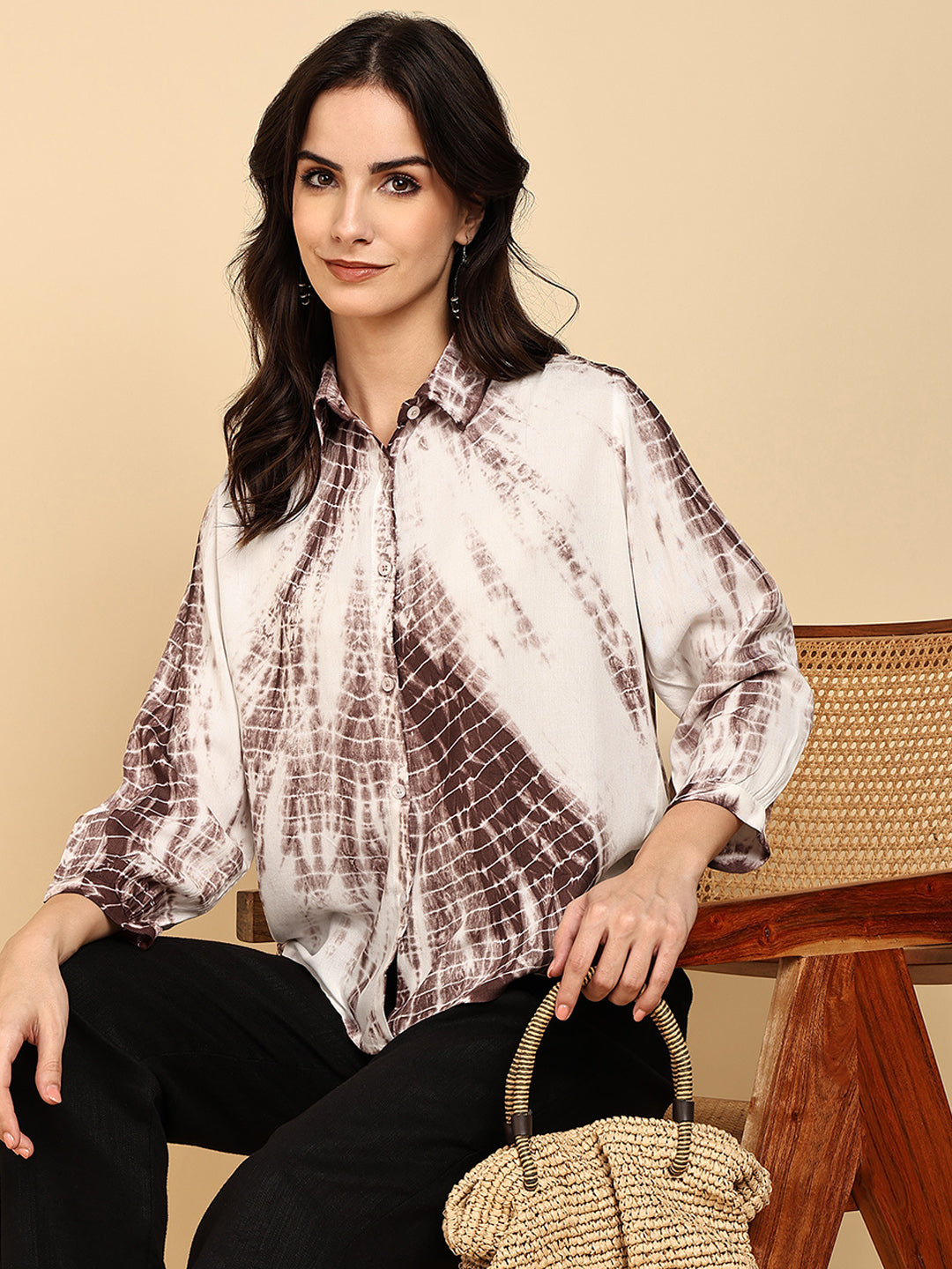 Women Casual Rayon Staple Tie & Dye Spread Collar Full Sleeves Relaxed Fit Shirt (W1691)