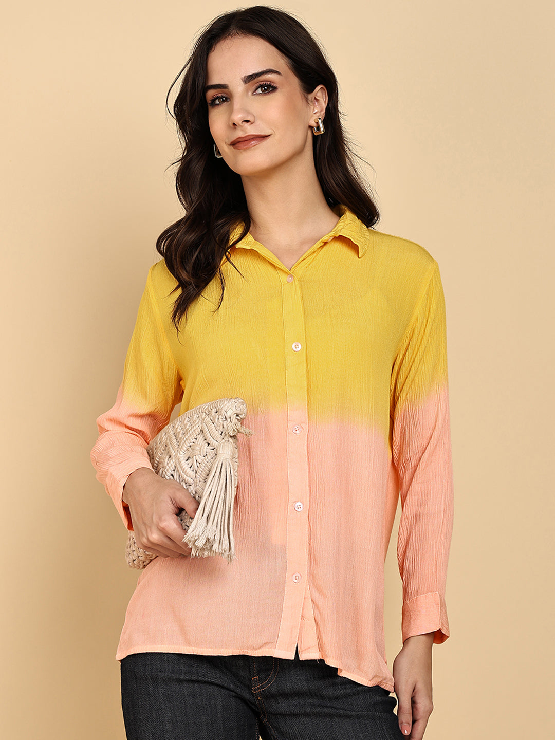 Women Casual Rayon Crepe Tie & Dye Spread Collar Full Sleeves Relaxed Fit Shirt (W1708)