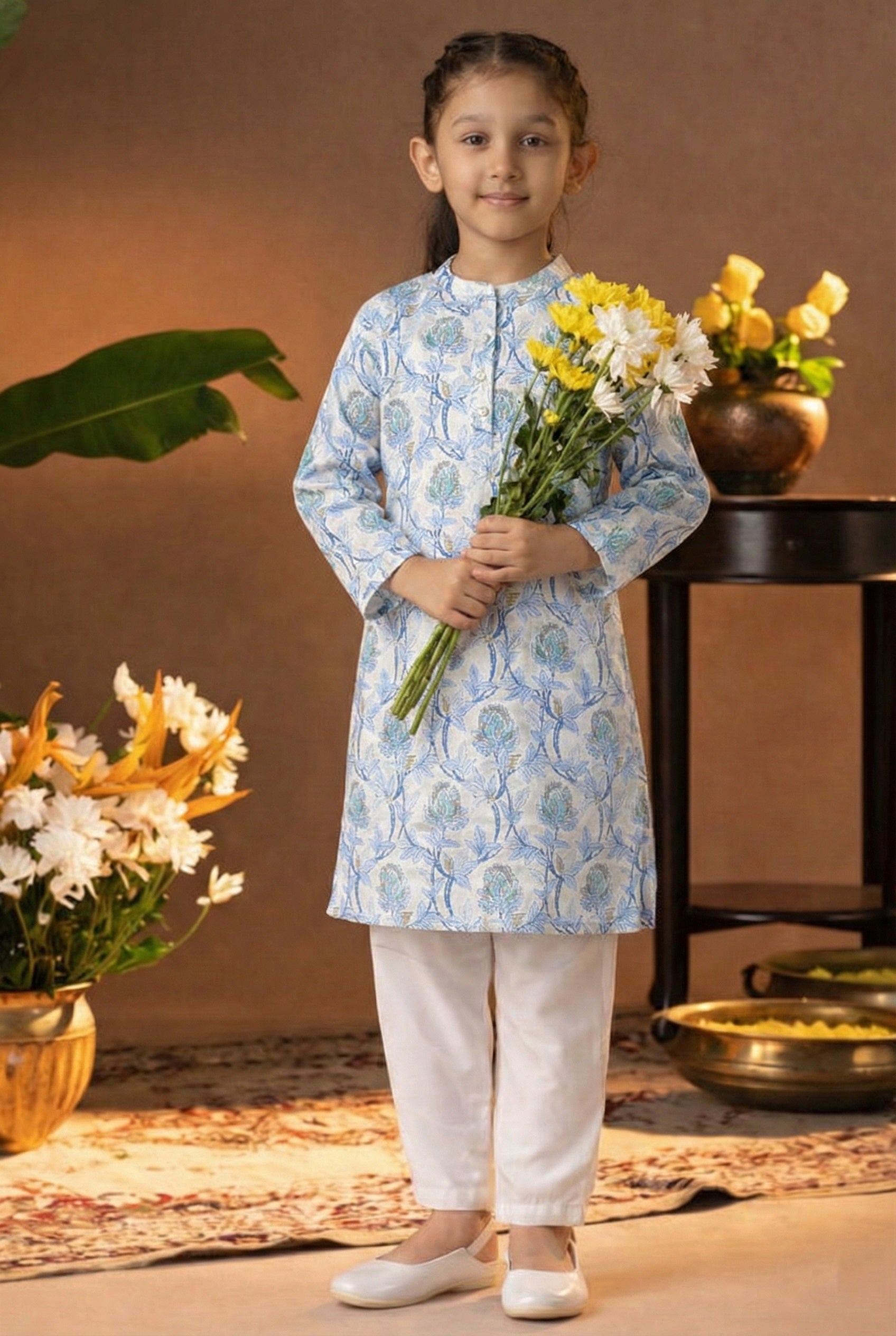 Printed Cotton Kurta Pyjama Set For Girls (K1053)