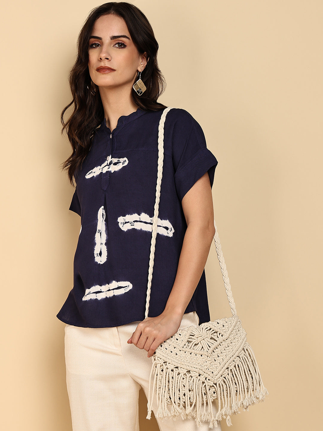 Women Casual Rayon Slub Tie & Dye Mandarin Short Sleeves Regular Fit Top (W1702)