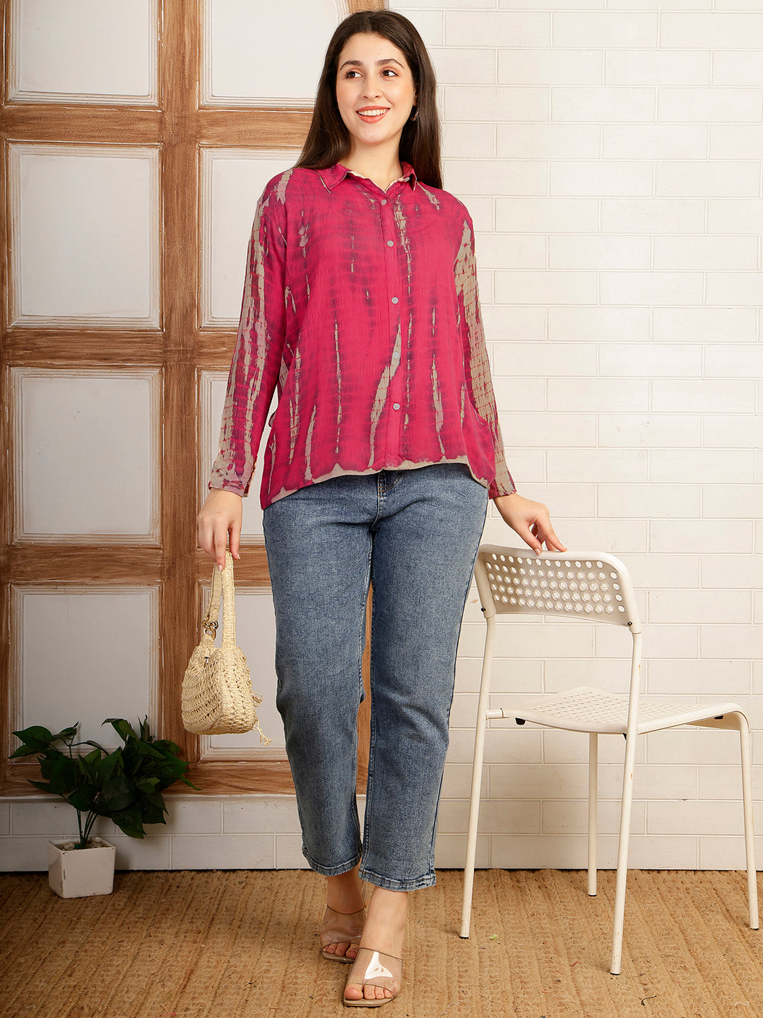 Women Hand Tie & Dye Pink Rayon Casual Shirt (W1791)
