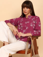 Women Cotton Slub Printed Mandarin Collar Regular Fit Shirt (W1762)