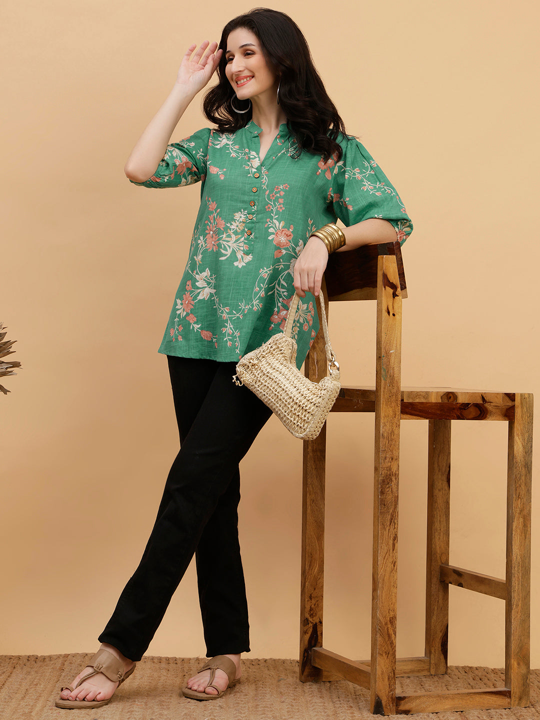 Women Green  Printed Camric Casual Top (W1817)