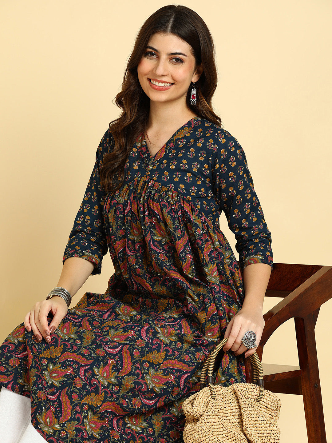 Women Floral Printed Cotton Flared/A-Line Dress (W1668)