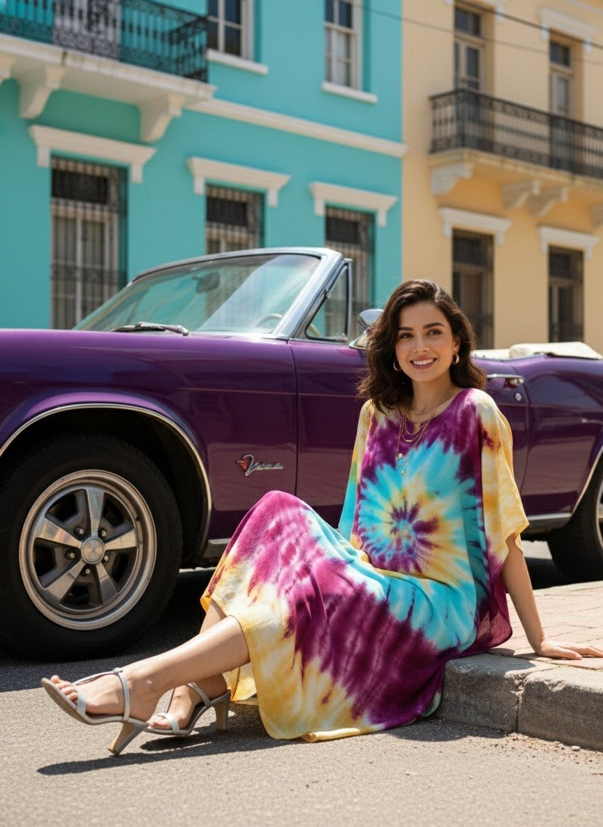 Women Rayon Tie & Dye Spiral Pink Yellow Kaftan Dress (W1347)