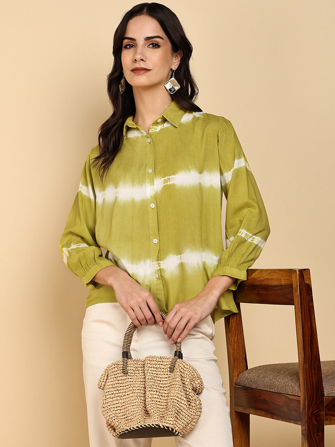 Women Casual Rayon Staple Tie & Dye Spread Collar Full Sleeves Relaxed Fit Shirt (W1693)