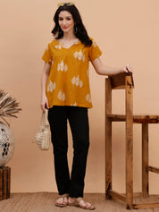 Women Cotton Printed Mustard Casual Top (W1794)