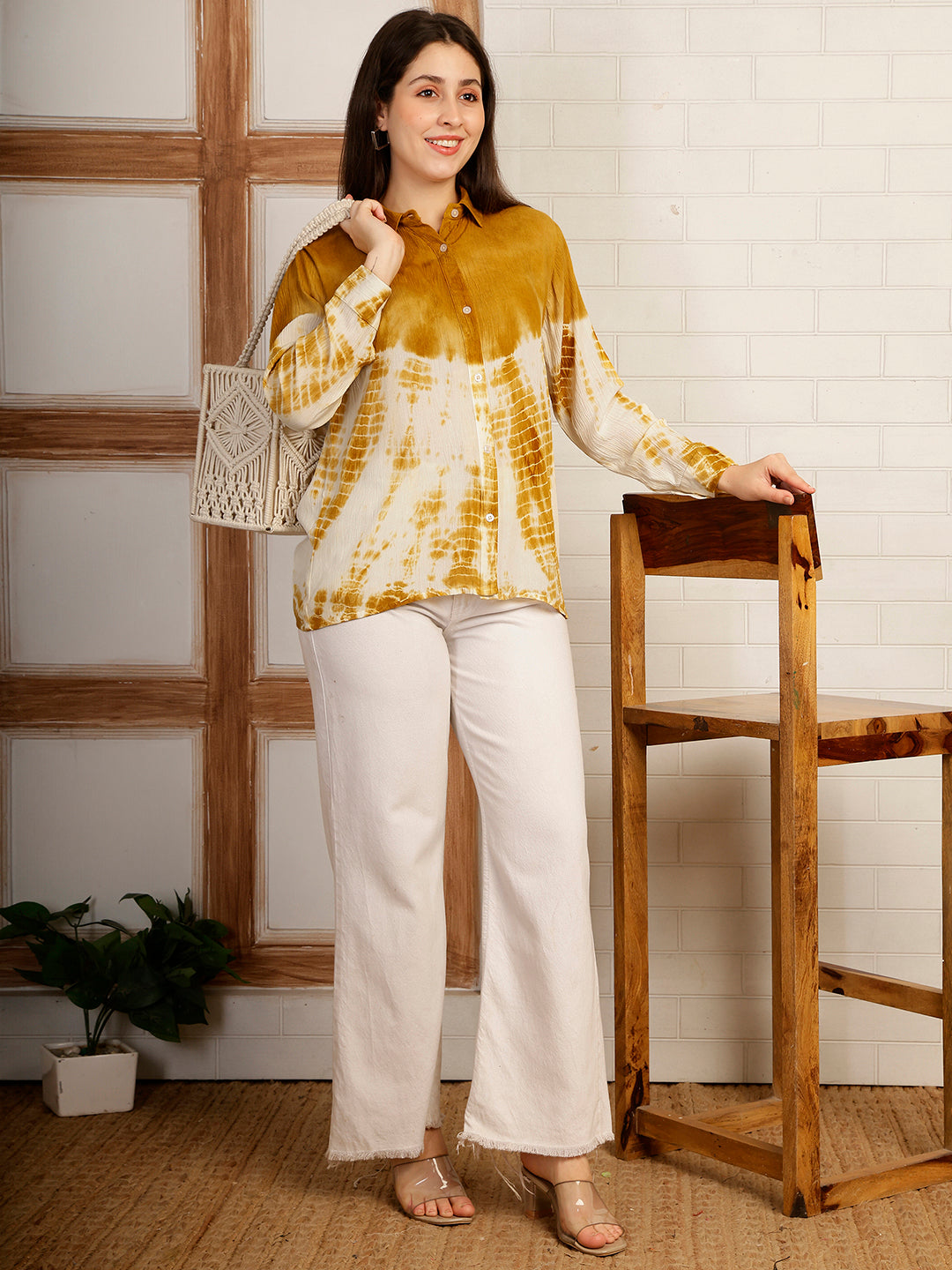 Women Hand Tie & Dye Mustard Rayon Casual Shirt (W1792)