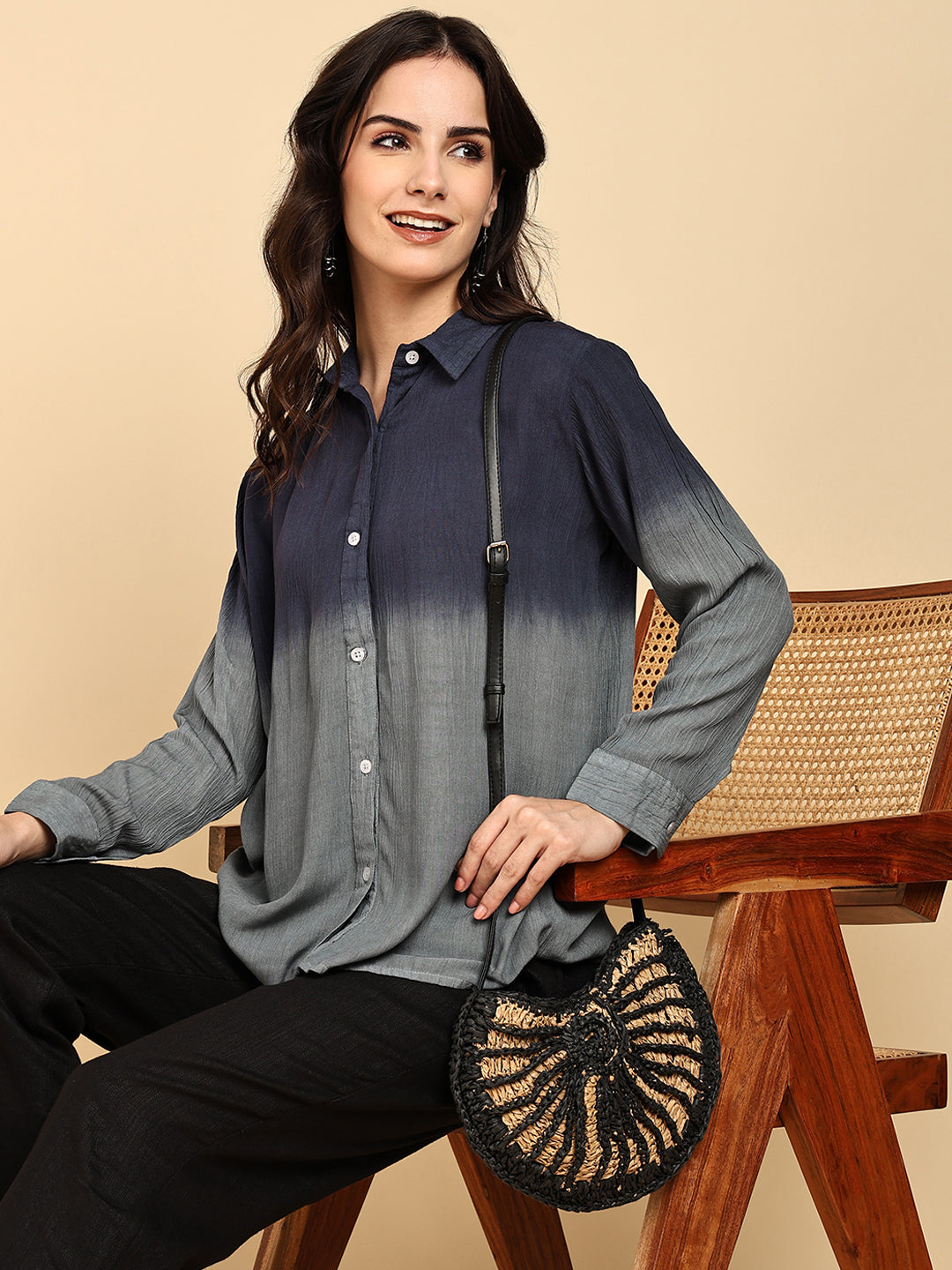 Women Casual Rayon Crepe Tie & Dye Spread Collar Full Sleeves Relaxed Fit Shirt (W1706)