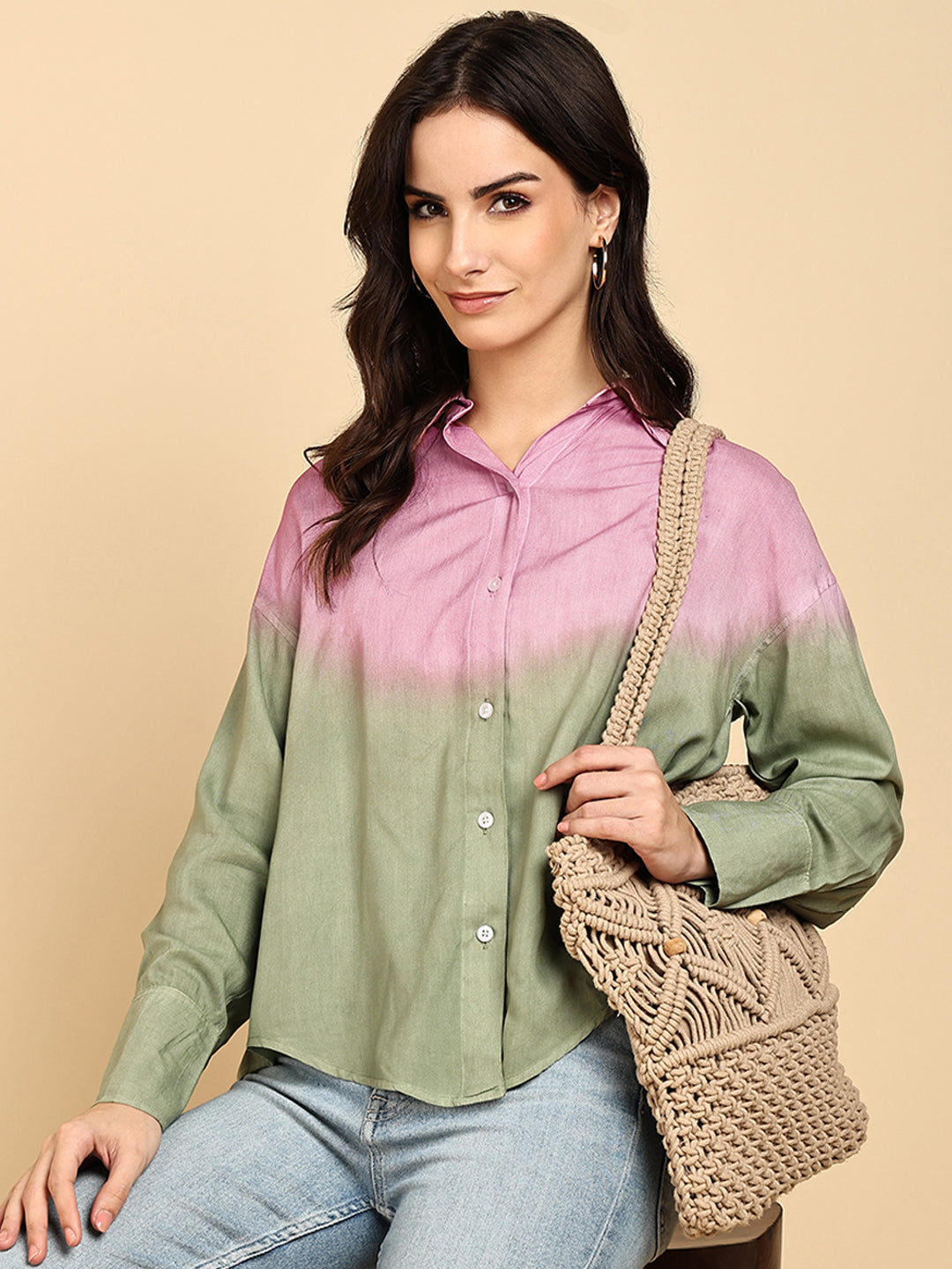 Women Casual Rayon Staple Tie & Dye Spread Collar Full Sleeves Loose Fit Shirt (W1698)