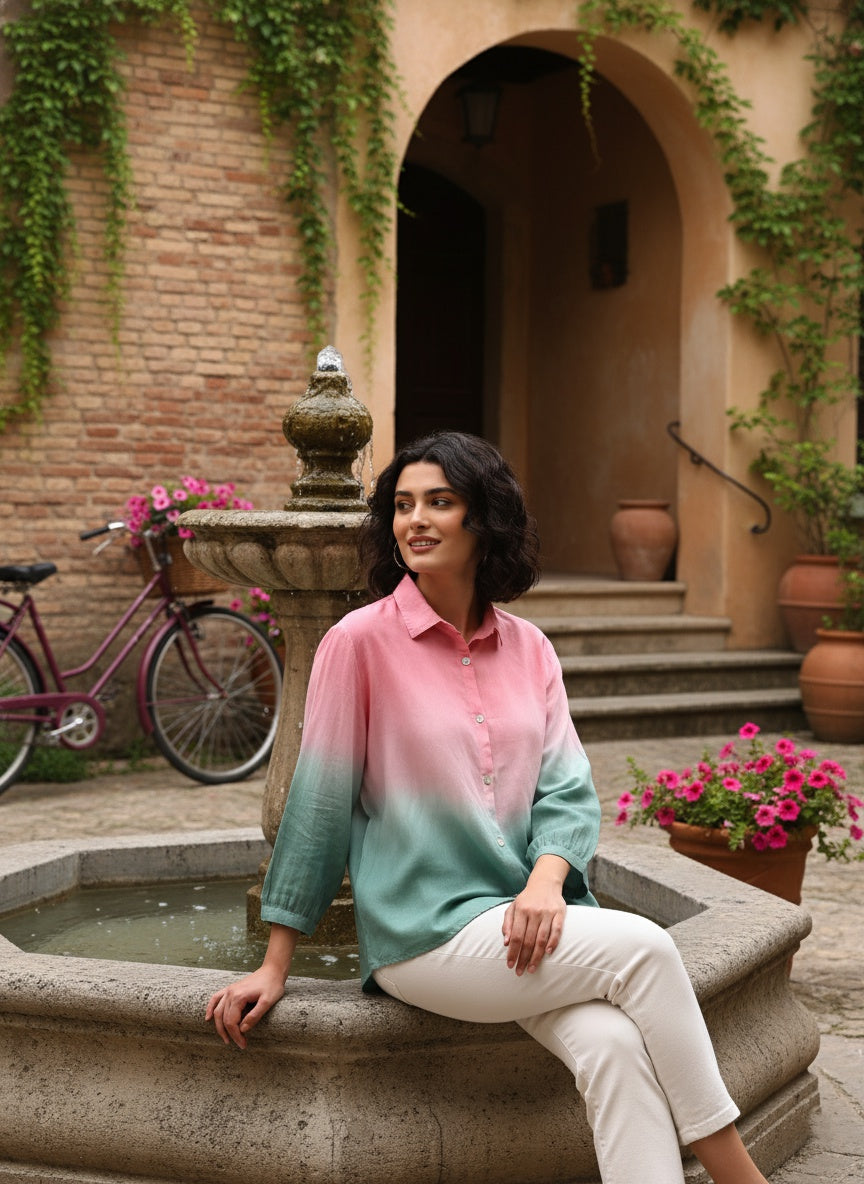 Women Handmade Tie-Dye Rayon Pink Green Shirt (W1627)