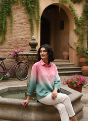 Women Handmade Tie-Dye Rayon Pink Green Shirt (W1627)