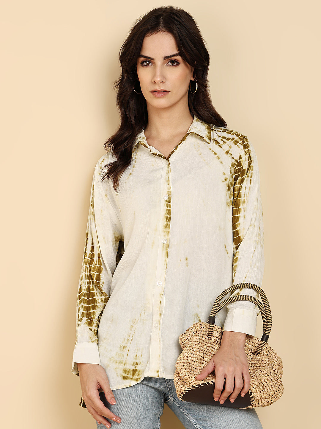 Women Casual Rayon Crepe Tie & Dye Spread Collar Full Sleeves Relaxed Fit Shirt (W1707)