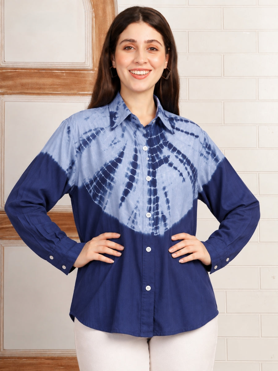 Women Blue Hand Tie & Dye Rayon Casual Shirt (W1827)